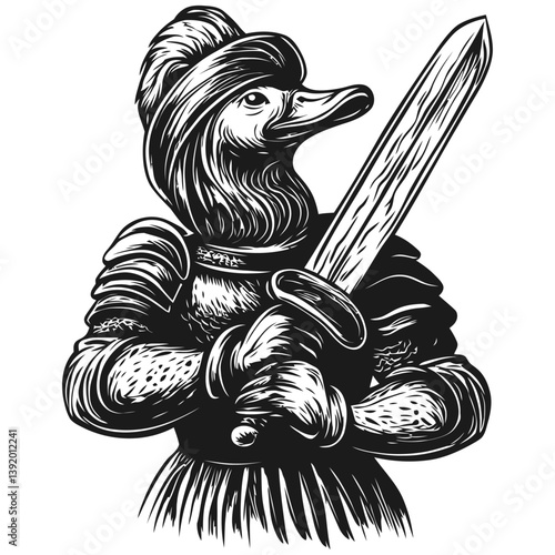 Duck Knight in Armor with Sword and Helmet Vector Graphic Design