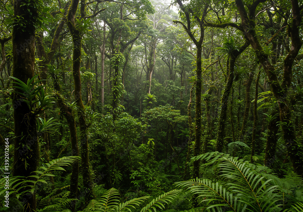 Fototapeta premium Lush Rainforest Scenery Dense Green Jungle, Tropical Trees and Flora, Nature Background.