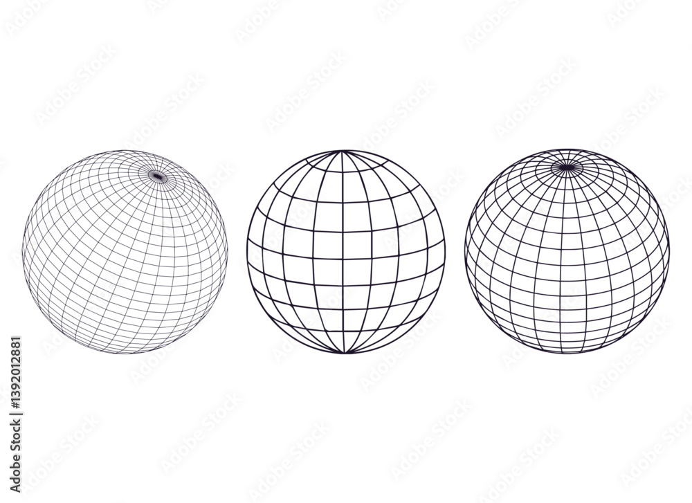 Globe grid spheres. Striped 3D spheres, geometry globe grid, earth latitude and longitude line grid vector symbols set. Spherical grid globe shapes Globe grid spheres. Striped 3D spheres, geometry globe grid, earth latitude and longitude line grid vector symbols set. Spherical grid globe shapes