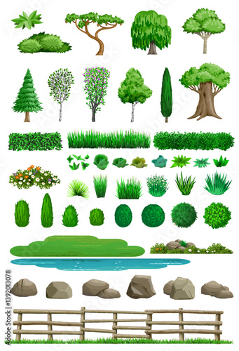 Set of elements for landscape design in isometric schemes. Vector graphics. Bushes, trees, rocks