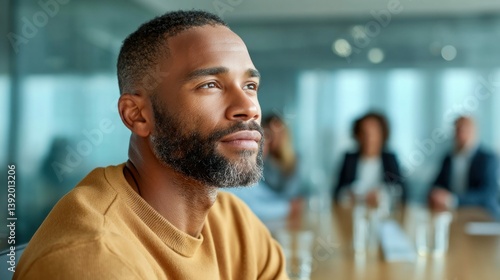 A thoughtful black businessman looks ahead during a meeting in a modern office setting.