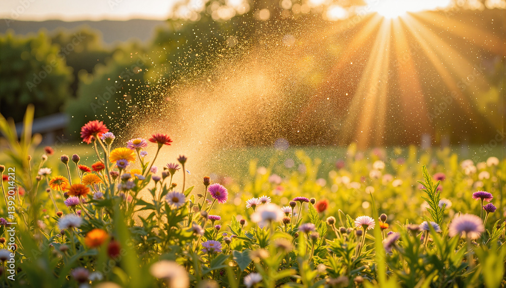 Vibrant wildflowers illuminated by sunset rays, nature's beauty
