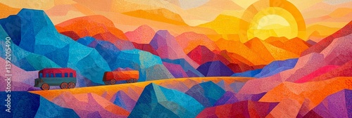 Colorful abstract landscape painting featuring mountains water and a bright sky.