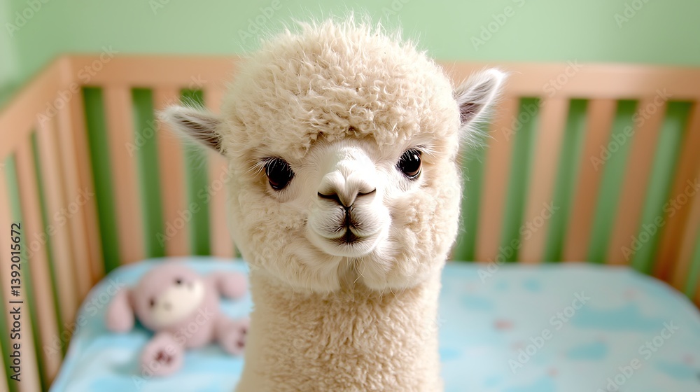 Obraz premium Adorable Baby Alpaca in Nursery Soft Fur Cute Animal Crib Fluffy Innocent Sweet White Alpaca Closeup