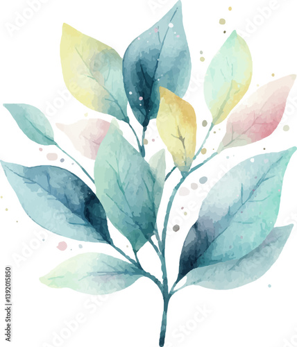 Very beautiful dreamy sparkling watercolor plant leaves
