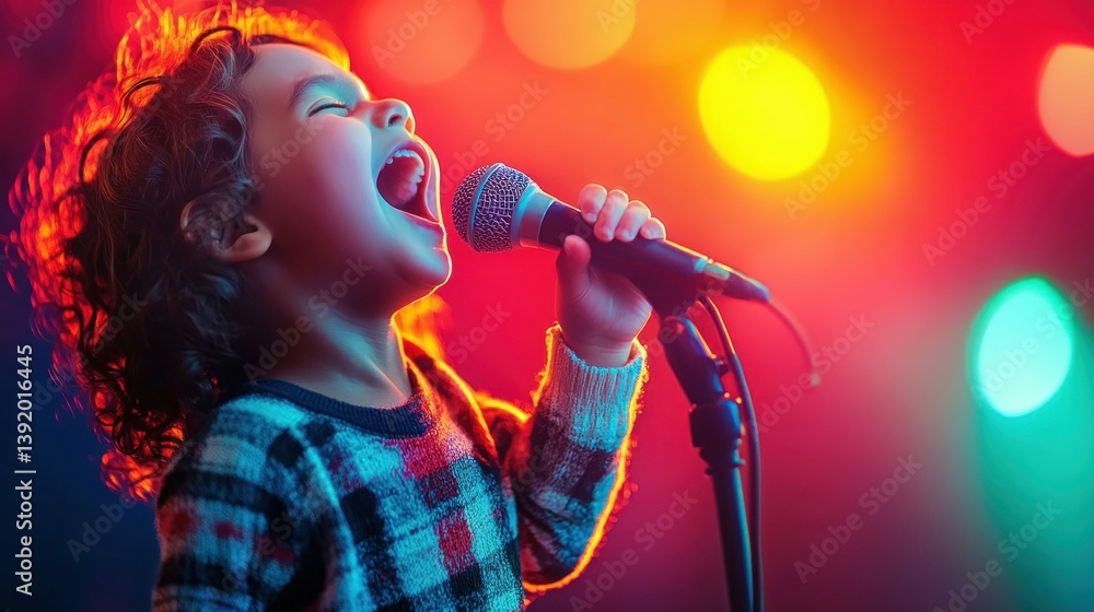 A child with bright eyes passionately sings into a microphone, showcasing raw talent on a vibrant stage. A child with bright eyes passionately sings into a microphone, showcasing raw talent on a vibrant stage.