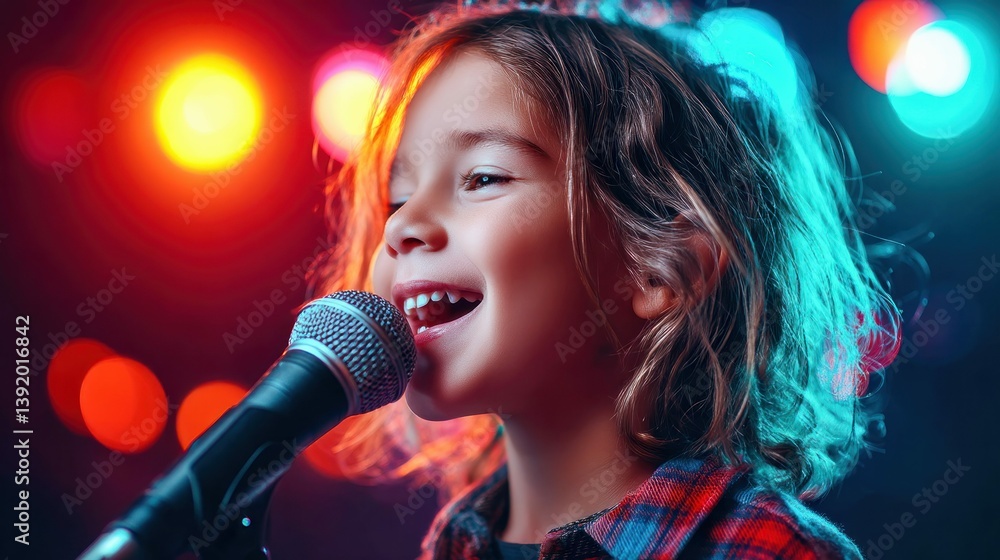 A smiling child sings into a microphone on stage, lit by vibrant, colorful stage lights. A smiling child sings into a microphone on stage, lit by vibrant, colorful stage lights.