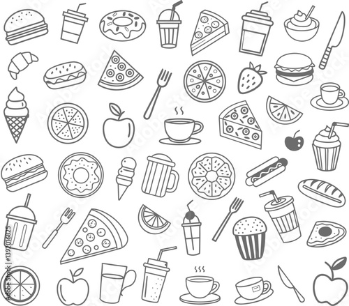 Hand Drawn Food and Drink Doodle Icon Set – Vector Illustrations of Fast Food, Snacks, Coffee, Tea, Desserts, Fruits, and Kitchen Elements for Menus, Blogs, Planners, and Creative Projects