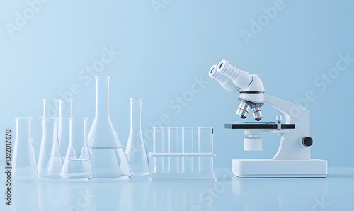 Microscopio y material de laboratorio sobre fondo azul, representando ciencia, investigación y precisión en un entorno limpio y moderno