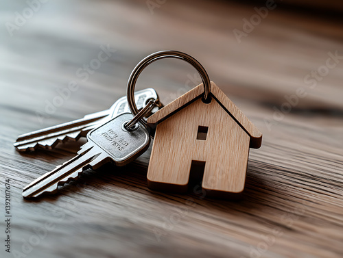 Llaves de casa con llavero de madera en forma de casa	