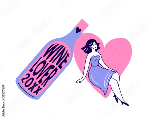 Wine Lover. Wine festival. A young woman sits next to a huge bottle of wine. Vector.
