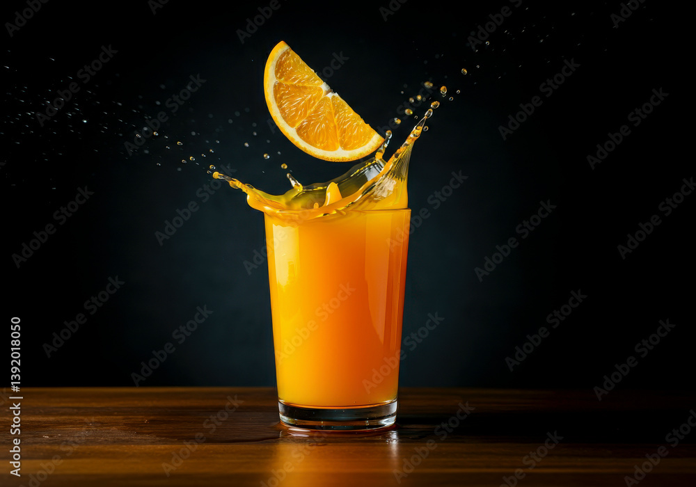 Splash of orange juice in glass captured mid-air against black background, dynamic concept of freshness and vitality