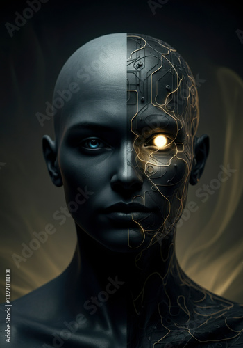 Dark sci-fi cyborg portrait with luminous eye, merging human traits with robotic aesthetics in moody studio lighting
