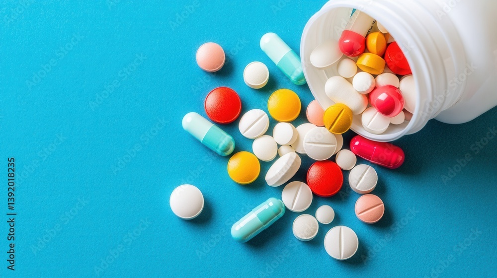 Assorted pills spilling from a white bottle onto a blue surface Assorted pills spilling from a white bottle onto a blue surface