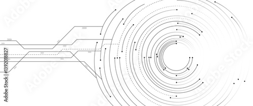 Vector futuristic technology background with white circle circuit wires on light blue motherboard.