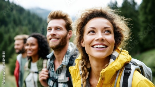 Group of friends hiking and smiling, looking up, enjoying a sunny day in the forest.