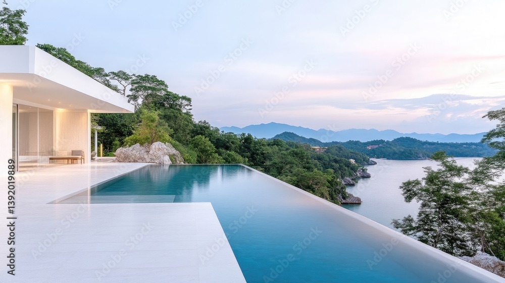 Fototapeta premium Modern, minimalist home with infinity pool overlooking serene ocean view. Lush greenery surrounds the home, nestled on a hillside