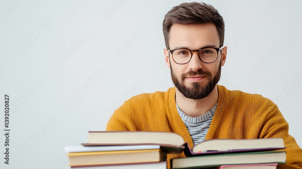 A smiling man with glasses sits in front of a stack of books, exuding a warm and scholarly vibe in a cozy environment.