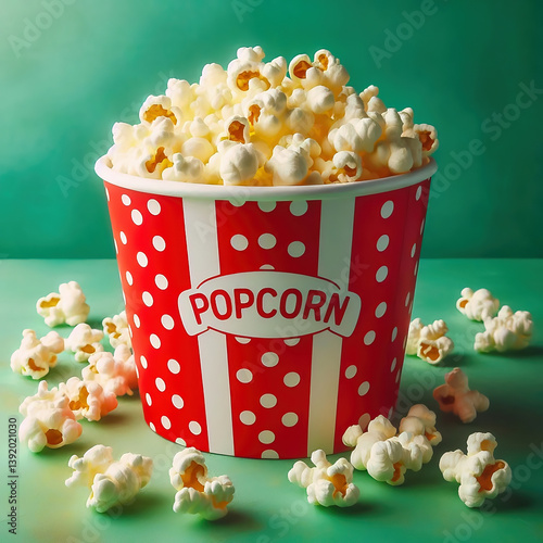 Red popcorn cup with white dots, golden popcorn, on a green background. Cinema