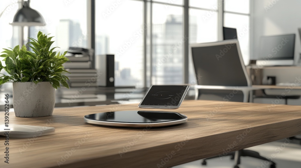 Modern Office Workspace with Smartphone and Green Plant on Desk Modern Office Workspace with Smartphone and Green Plant on Desk