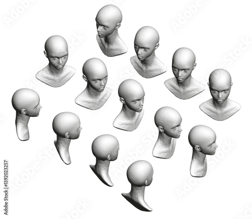 A collection of white heads in a grid. The heads are all different sizes and shapes. Concept of uniformity and order, as the heads are arranged in a neat and organized manner. Isometric view