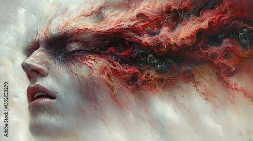 Abstract portrait, painterly, and surreal,  a face consumed by inner turmoil