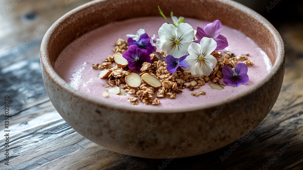 Vibrant smoothie bowl with granola, edible flowers, and almonds on wood Vibrant smoothie bowl with granola, edible flowers, and almonds on wood