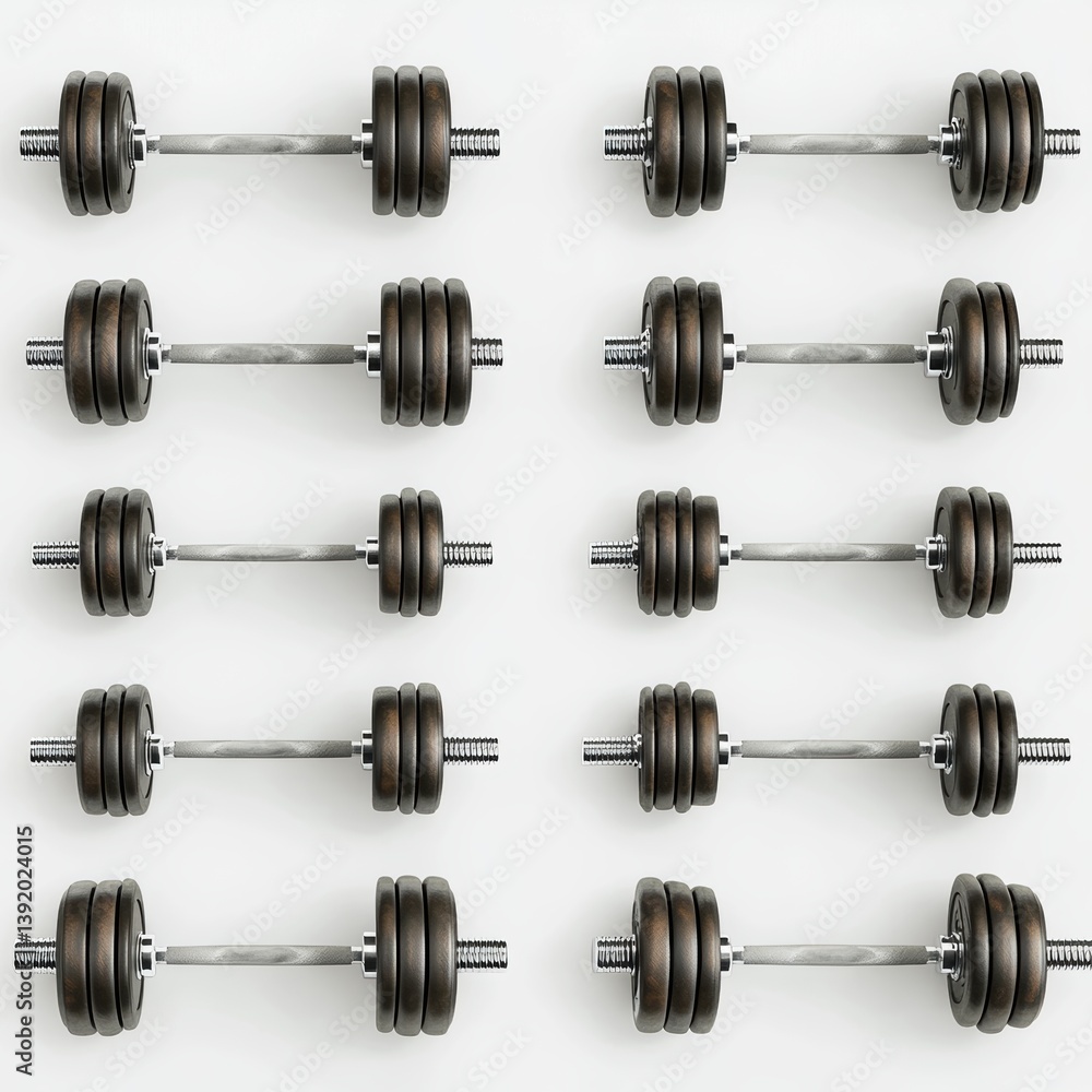 Symmetrical Set of Barbells: An overhead, studio shot of multiple barbells, symmetrically arranged. Each barbell is loaded with weight plates, signifying strength training and fitness. Symmetrical Set of Barbells: An overhead, studio shot of multiple barbells, symmetrically arranged. Each barbell is loaded with weight plates, signifying strength training and fitness.