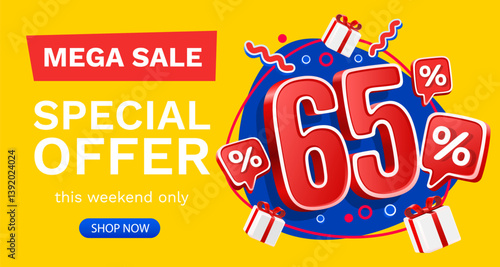 65 percent Special offer mega sale, Check and gift box. Sale banner and poster. Vector illustration.