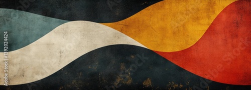 This mural presents a striking geometric design with sharp edges and flowing curves, featuring a mix of colors like blue, yellow, and red