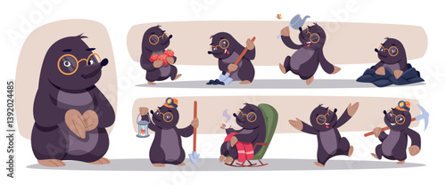 Mole. Wild animal in cartoon style exact vector funny mole in different poses