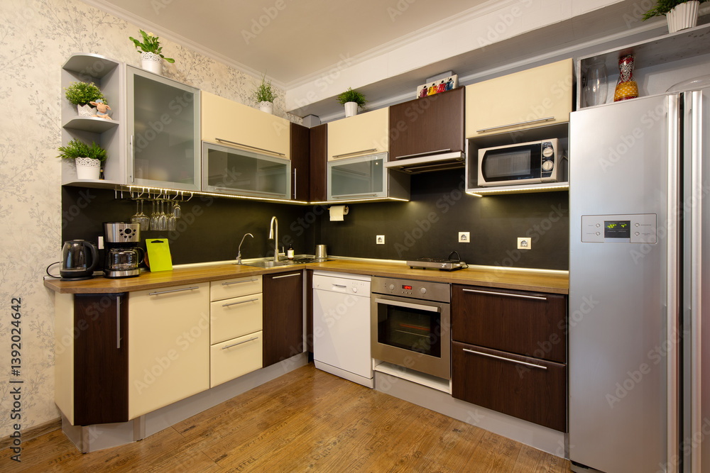 Kitchen interior. Kitchen set in the apartment. Cabinets, refrigerator, oven, sink and kitchen appliances. There are indoor plants on the shelves.