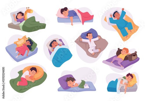Sleeping kids. Peacefully adorable kids sleeping or relaxing in cozy places exact vector illustrations set in cartoon style