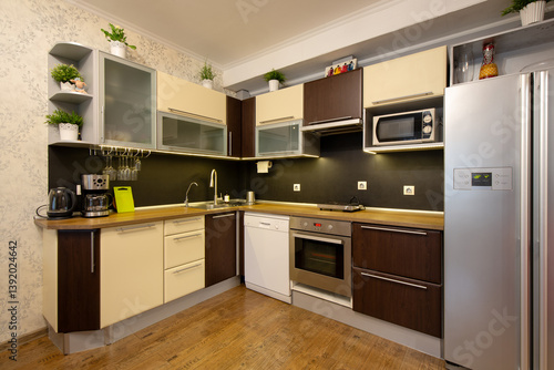 Obraz na płótnie Kitchen interior. Kitchen set in the apartment. Cabinets, refrigerator, oven, sink and kitchen appliances. There are indoor plants on the shelves. w salonie
