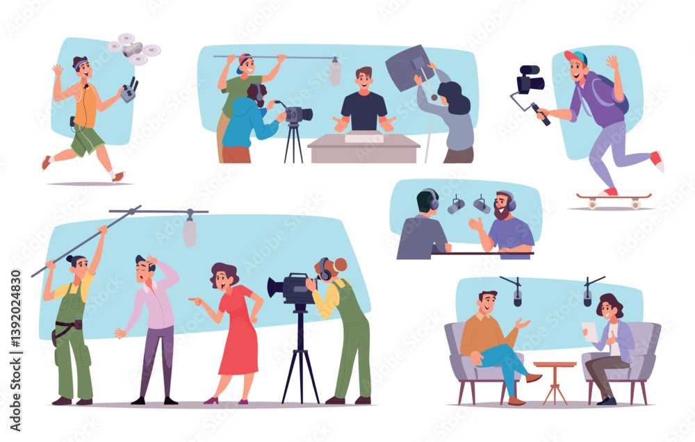Fototapeta premium Movie production. Media assistants and professional cameraman videographers sound producers exact vector video production team