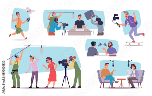 Movie production. Media assistants and professional cameraman videographers sound producers exact vector video production team