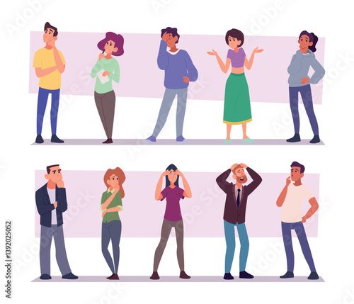 Confused people. Characters standing and uncertain thinking exact vector persons with thoughtful expression