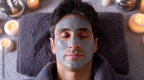 A man wearing a facial mask is depicted in a serene spa setting, at ease
