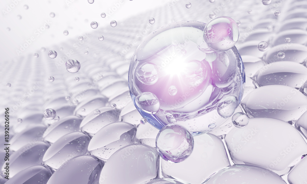 Fototapeta premium Cosmetic serum Oil drop on skin cell, Skin Repair, moisturizer, collagen serum, Exosome with Skin cells, 3d rendering.