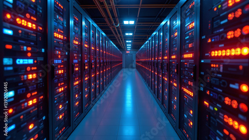ic data center neon lights featuring rows servers vibrant orange blue lights dynamic perspective
