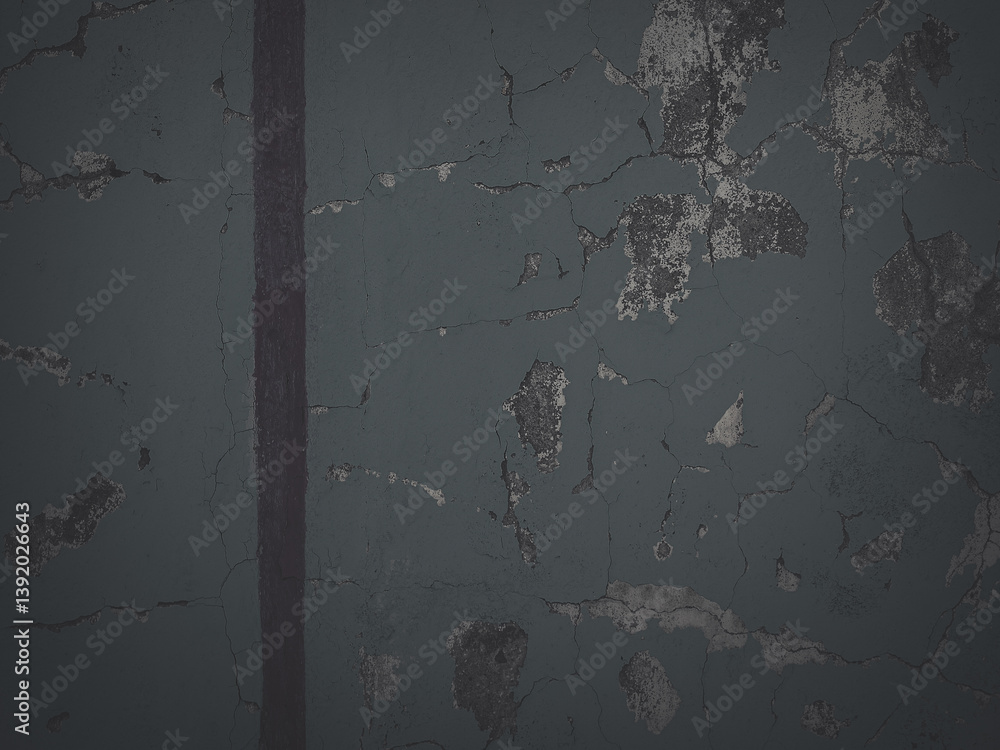 Faded dark background texture. Peeling paint on a concrete wall. Dark texture of old cracked flaking paint. Weathered rough painted surface with patterns of cracks. Shaded grunge background for design