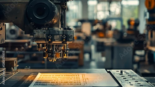 Machine in factory. A polygraphy printed on a piece of paper. A computer generated press and hold. An equipment in a lifestyle manufacturing facility.