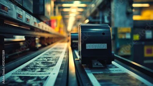 Machine in factory. A polygraphy printed on a piece of paper. A computer generated press and hold. An equipment in lifestyle a manufacturing facility.