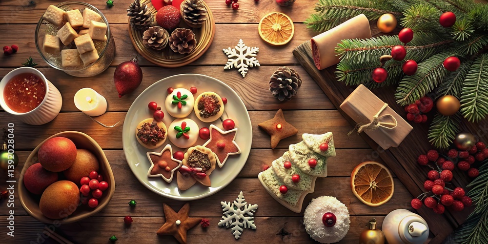 Aerial View of Christmas Cookies and Decorations on Plate Aerial View of Christmas Cookies and Decorations on Plate