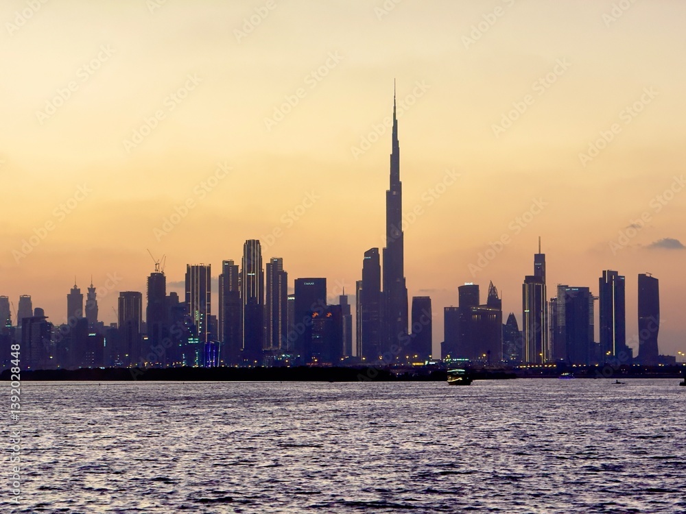 Fototapeta premium Dubai skyline during sunset, view from Creek Harbour