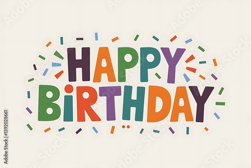 Colorful Happy Birthday Typography with Confetti Sprinkles on Beige Background – Fun and Cheerful Greeting Card Design for Kids, Party Invitations, Posters, and Digital Celebration Graphics