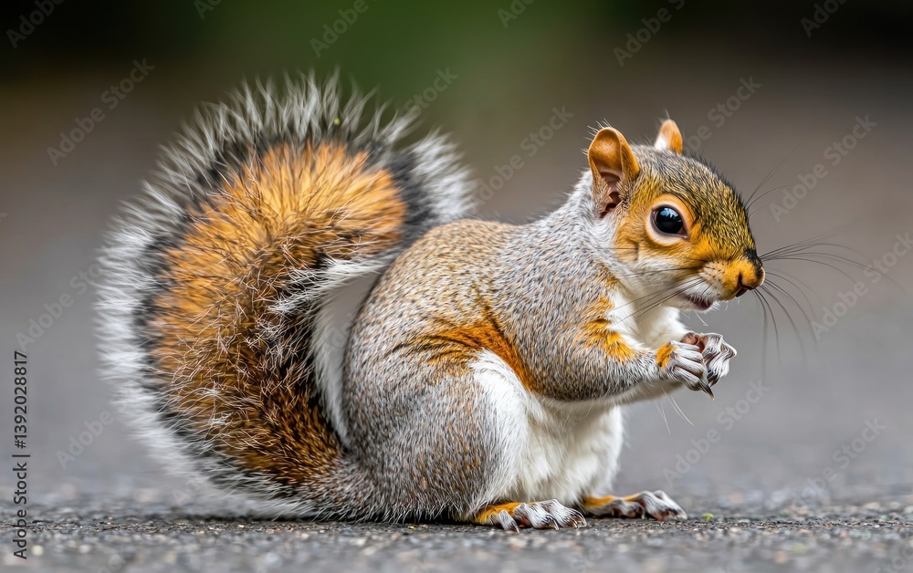 Fluffy Gray and Orange Squirrel Eating on Asphalt Fluffy Gray and Orange Squirrel Eating on Asphalt