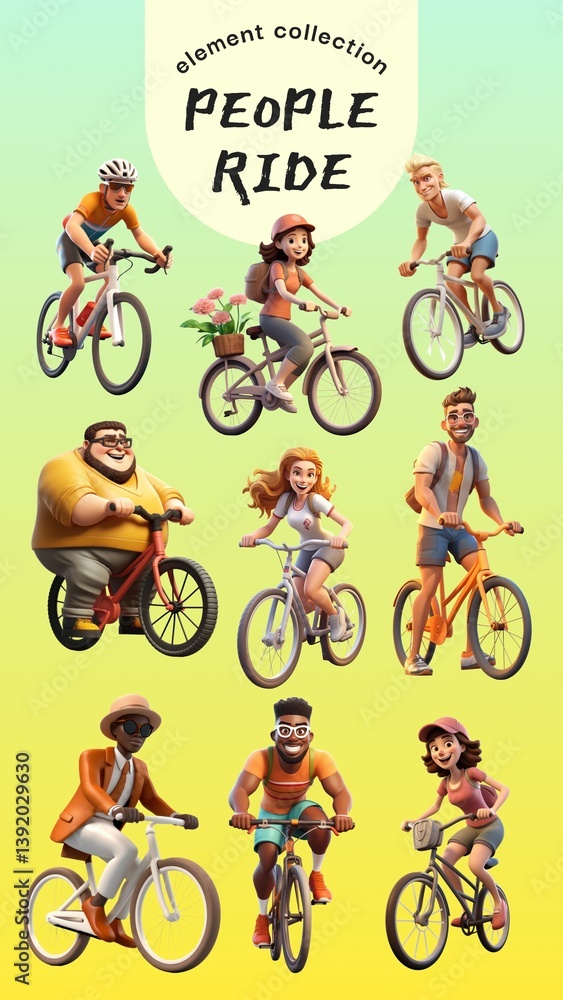 Naklejka premium 3D people riding bikes design element set