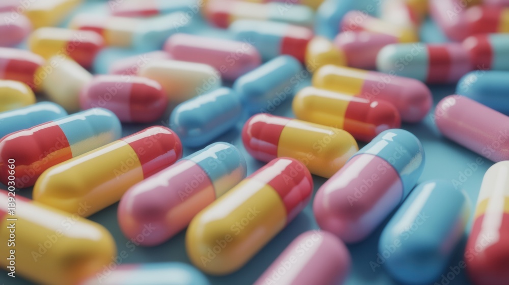 Colorful pills scattered on a surface Colorful pills scattered on a surface