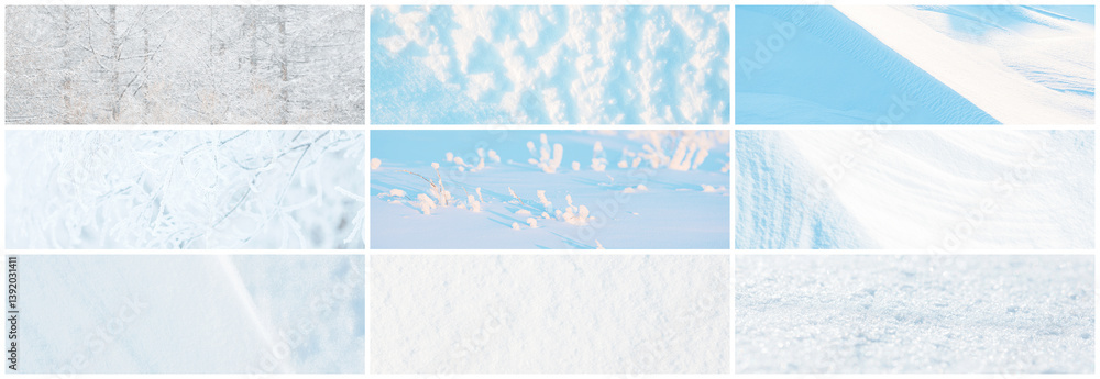 Set of snow textures. A collection of light winter backgrounds including: smooth clean white snow, wind sculpted patterns on the snowy ground, branches of trees and bushes covered with snow and frost.